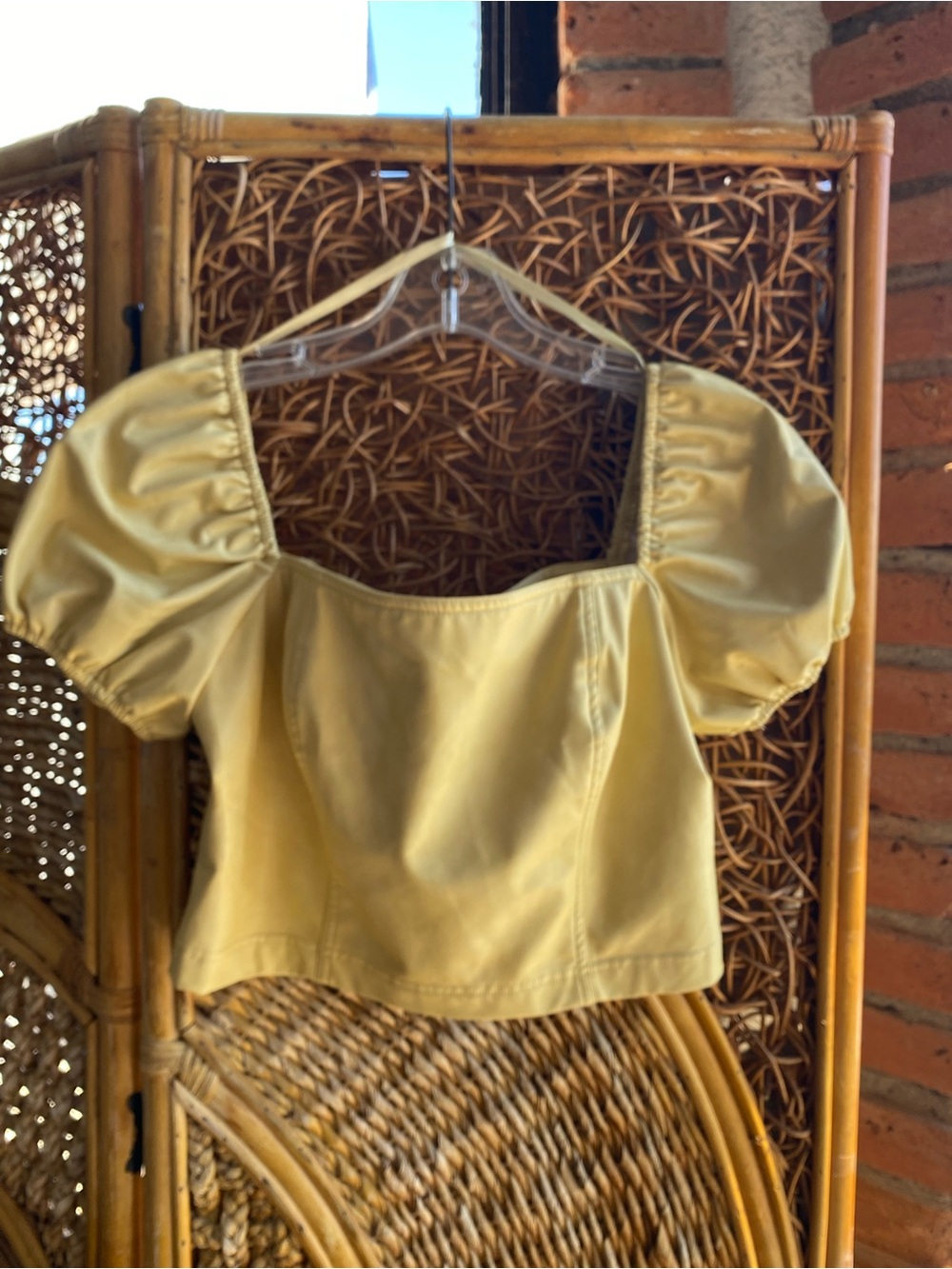 7 For All Mankind Faux Leather Puff-Sleeve Crop Top in Buttery Yellow